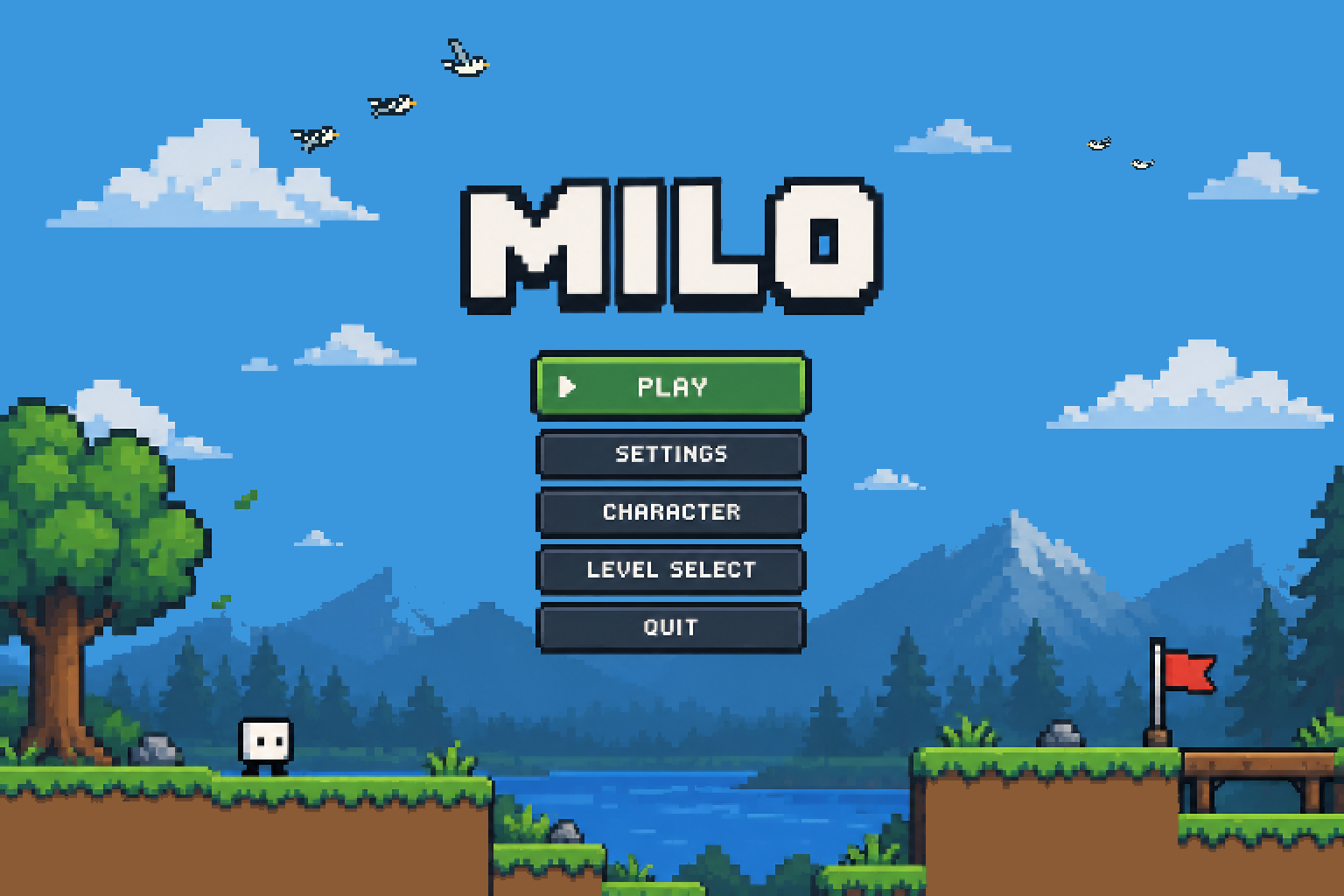 Milo — a pixel-art landscape with mountains, a river, and grassy platforms